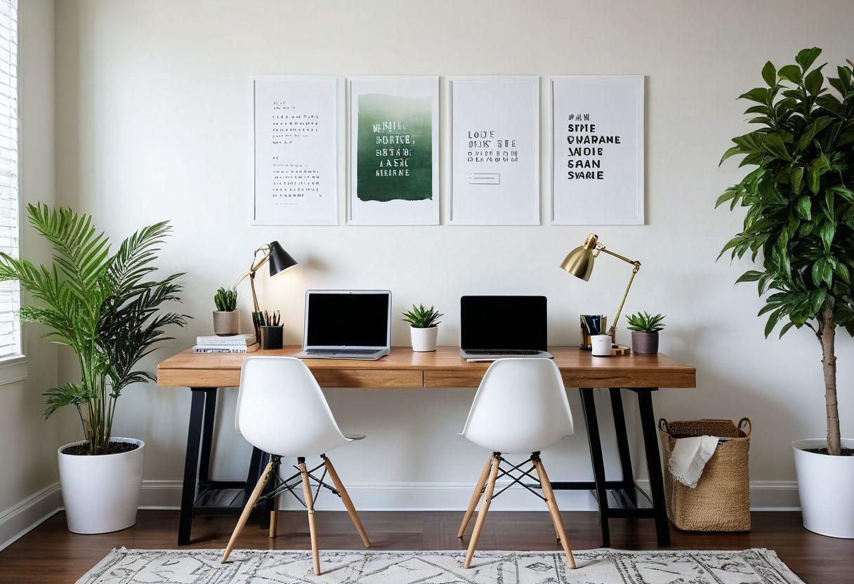 A vibrant, modern workstation showcasing essential productivity tools like a sleek laptop, organized planner, ergonomic chair, and creative inspiration on the walls. Include elements like a stylish desk lamp, a coffee cup, and motivational quotes visible in the background. The setting should evoke a sense of focus and creativity, surrounded by greenery for a refreshing touch. super-realistic. vibrant colors. white background.