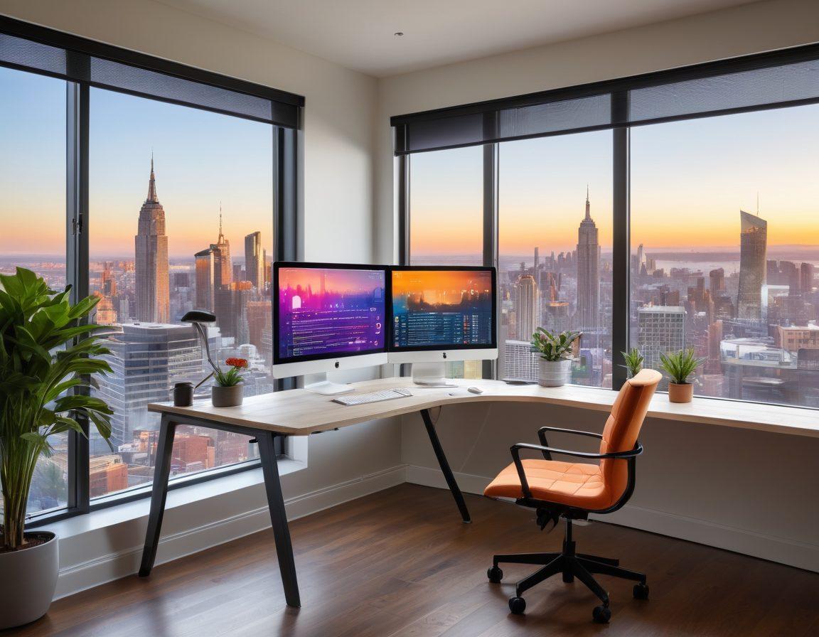 A modern home office setup featuring a sleek desk with multiple monitors displaying graphs and analytics, a comfy ergonomic chair, and creative technology tools scattered around. A large window shows a city skyline in the background, symbolizing connectivity. Include vibrant plants for a refreshing touch, and an inspiring quote on a wall to motivate remote workers. super-realistic. vibrant colors. bright light.